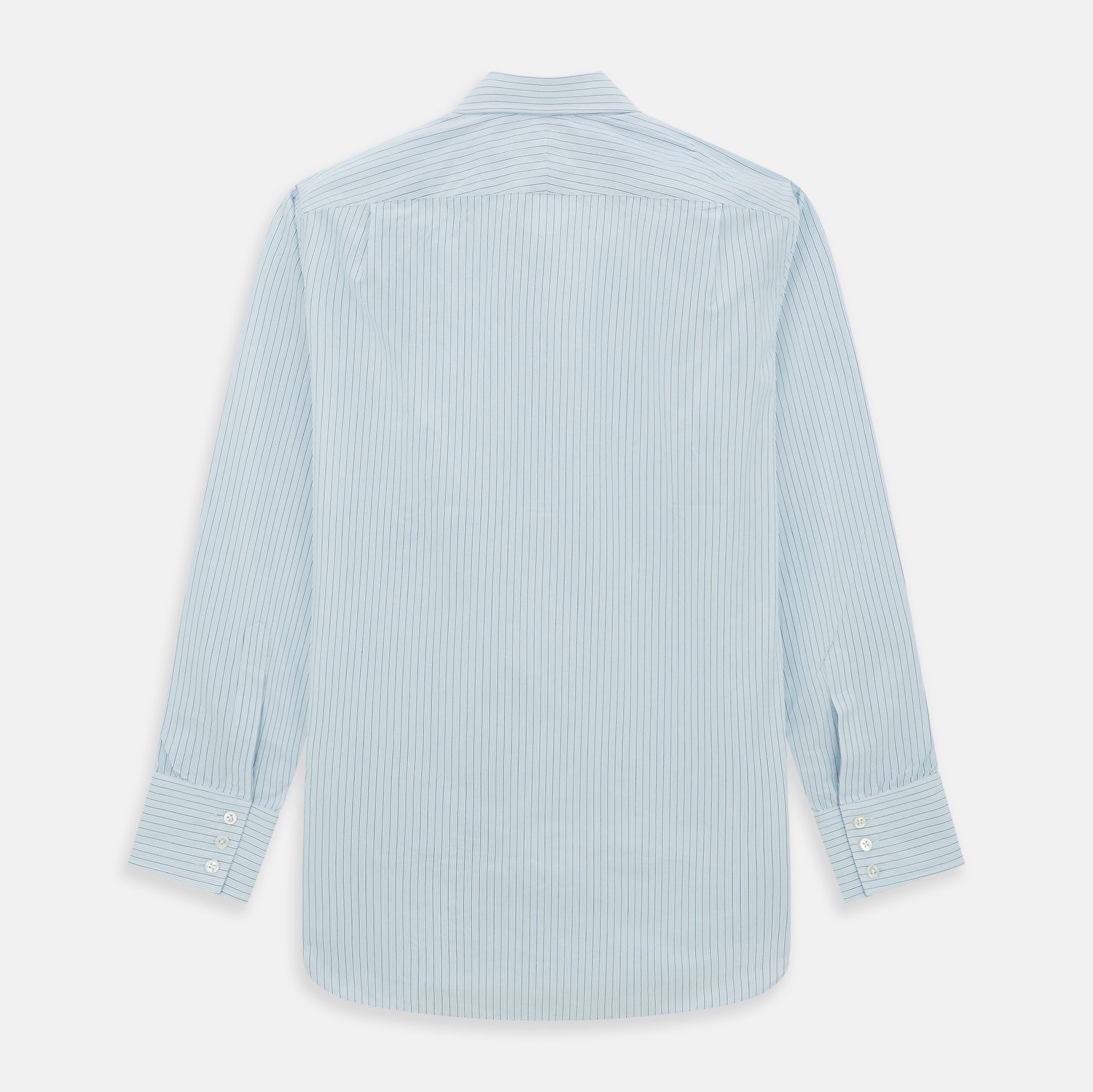 View 6 of product The Turnbull & Asser Blue Multi Pinstripe Mayfair Shirt is a long-sleeve, organic cotton dress shirt with button front, classic collar, and cuffs, shown on a white background.