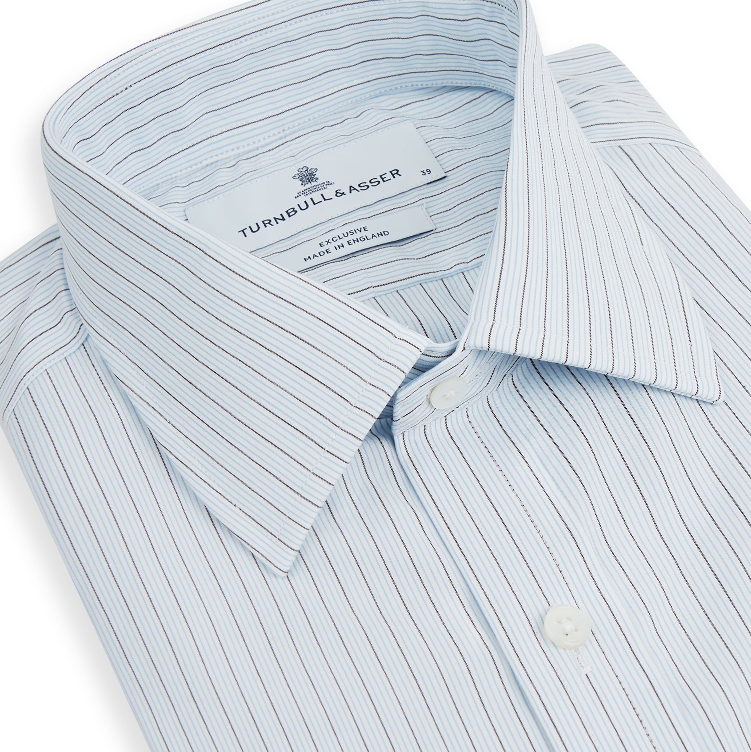 View 2 of product The Turnbull & Asser Blue Multi Pinstripe Mayfair Shirt is a long-sleeve, organic cotton dress shirt with button front, classic collar, and cuffs, shown on a white background.