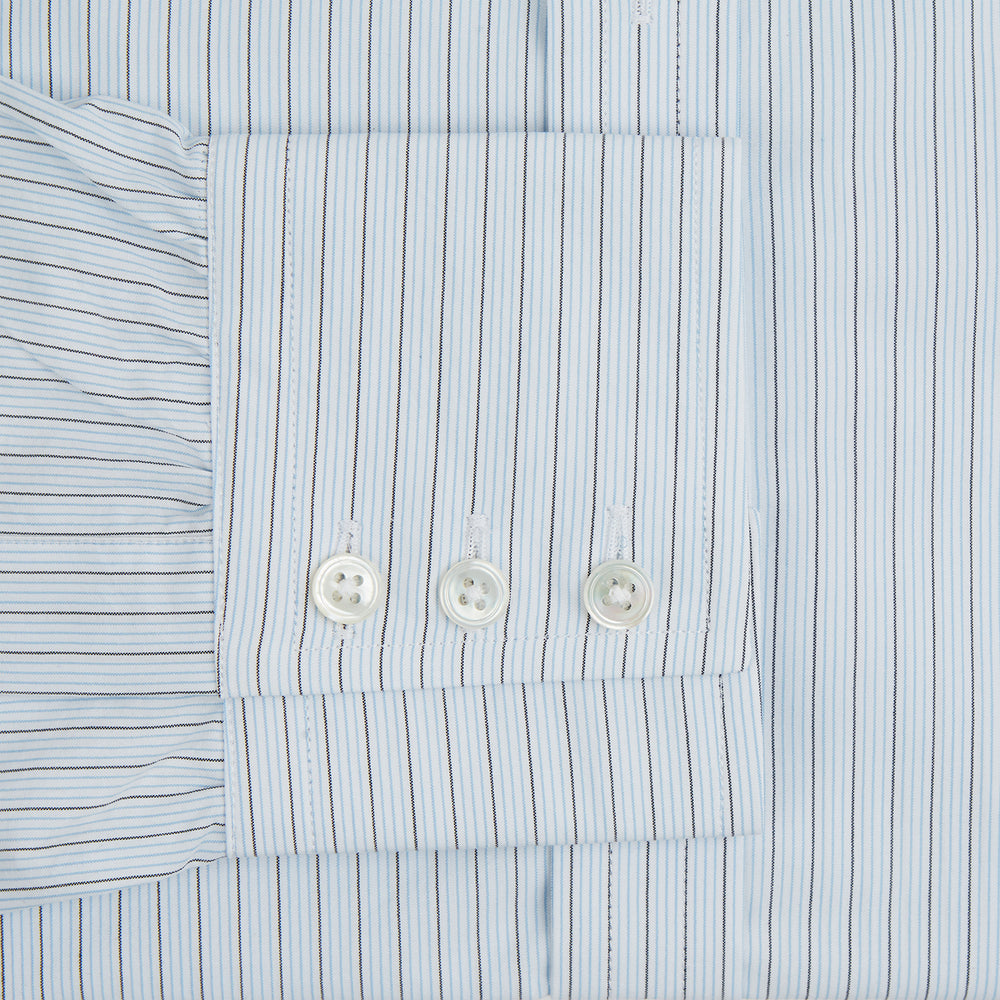 The Turnbull & Asser Blue Multi Pinstripe Mayfair Shirt is a long-sleeve, organic cotton dress shirt with button front, classic collar, and cuffs, shown on a white background.