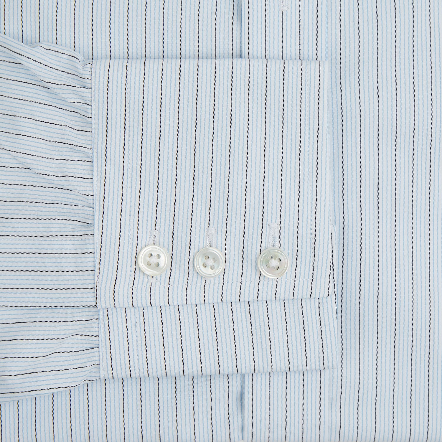View 3 of product The Turnbull & Asser Blue Multi Pinstripe Mayfair Shirt is a long-sleeve, organic cotton dress shirt with button front, classic collar, and cuffs, shown on a white background.