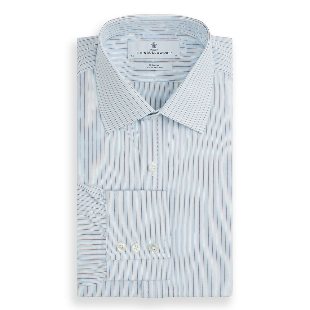 The Turnbull & Asser Blue Multi Pinstripe Mayfair Shirt is a long-sleeve, organic cotton dress shirt with button front, classic collar, and cuffs, shown on a white background.