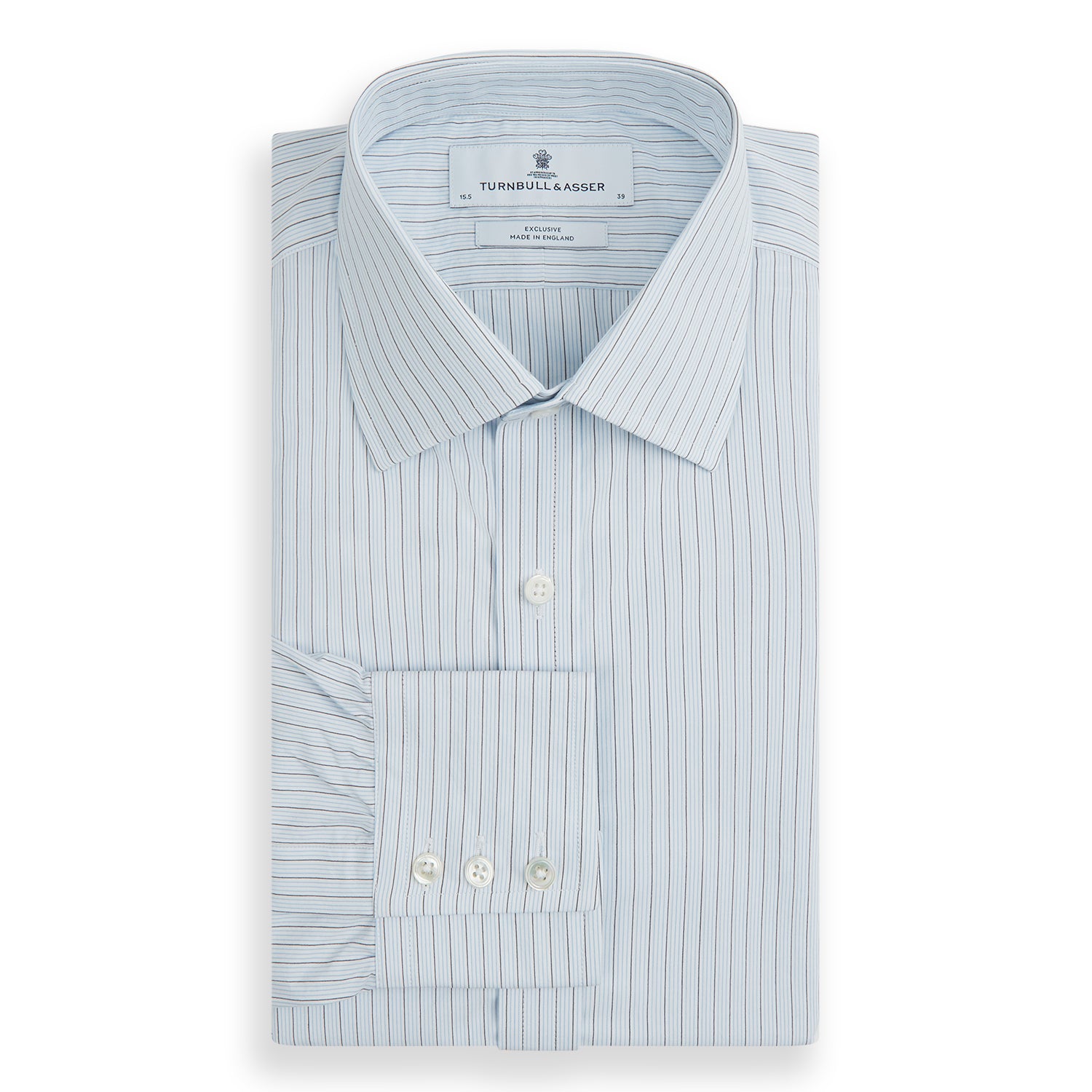 View 4 of product The Turnbull & Asser Blue Multi Pinstripe Mayfair Shirt is a long-sleeve, organic cotton dress shirt with button front, classic collar, and cuffs, shown on a white background.