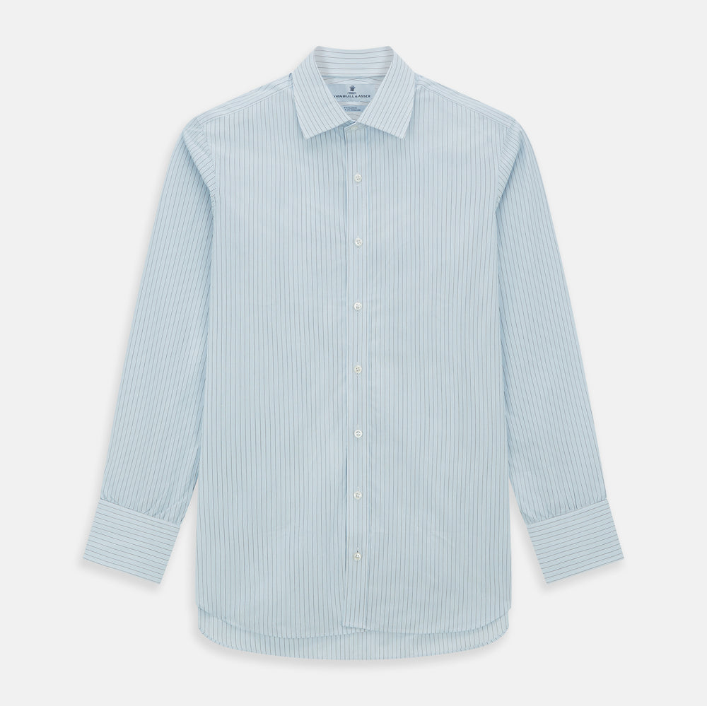 The Turnbull & Asser Blue Multi Pinstripe Mayfair Shirt is a long-sleeve, organic cotton dress shirt with button front, classic collar, and cuffs, shown on a white background.