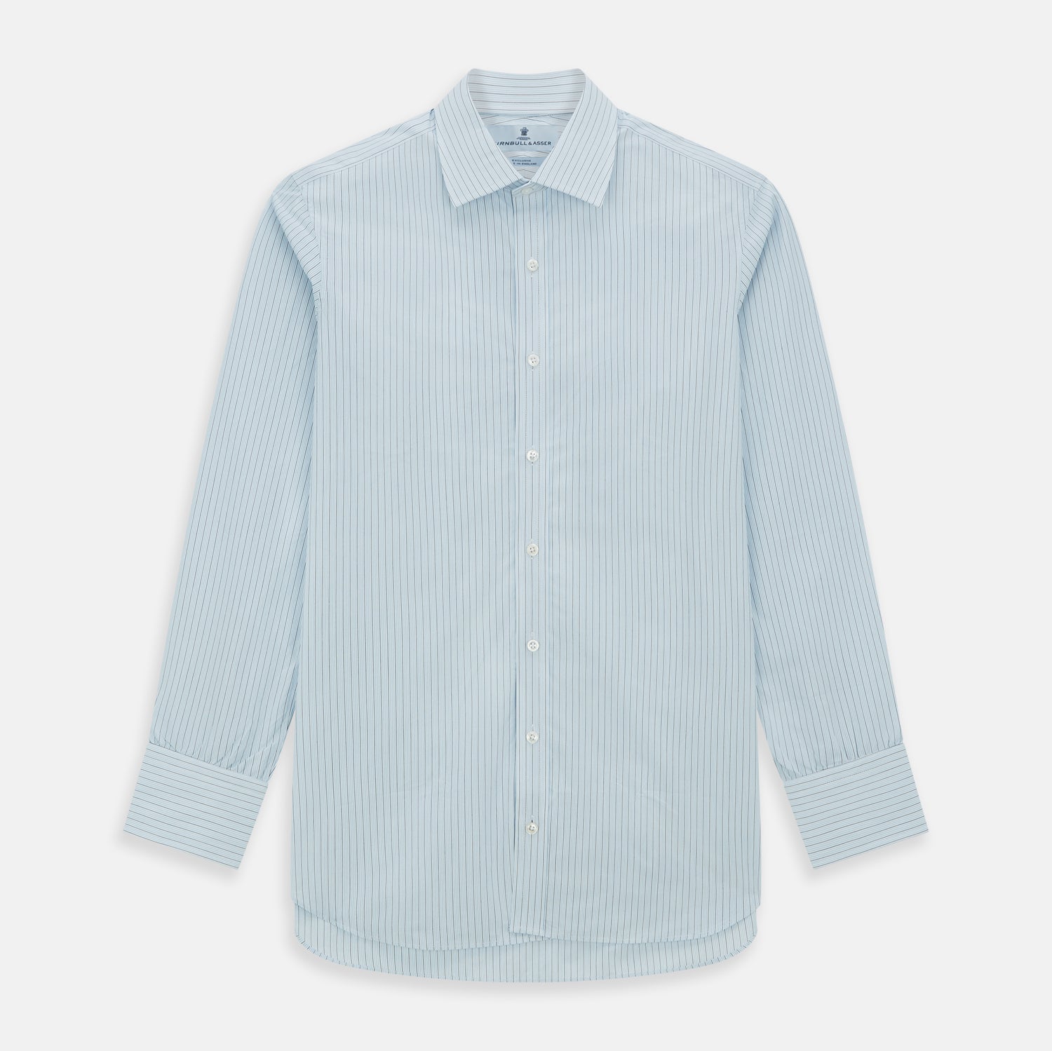 View 1 of product The Turnbull & Asser Blue Multi Pinstripe Mayfair Shirt is a long-sleeve, organic cotton dress shirt with button front, classic collar, and cuffs, shown on a white background.