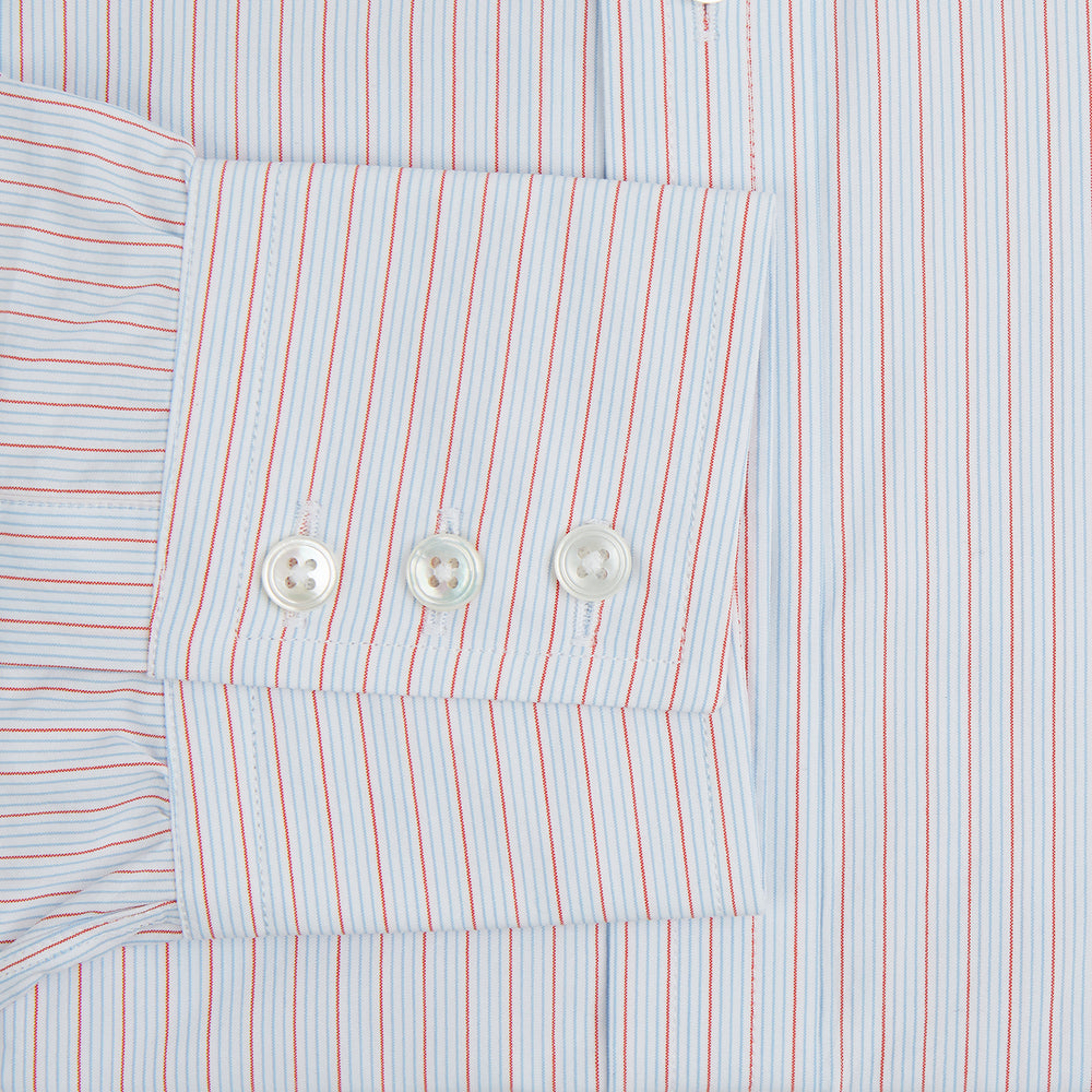 Red Multi Pinstripe Mayfair Shirt by Turnbull & Asser, featuring colorful vertical pinstripes and a classic T&A collar, crafted from soft organic cotton, shown laid flat on a white background.