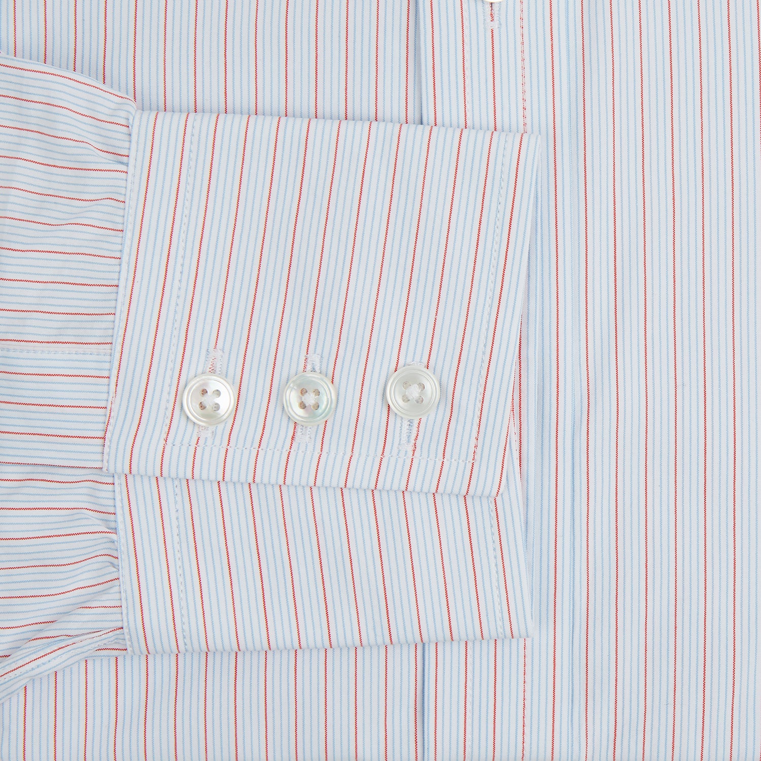 View 3 of product Red Multi Pinstripe Mayfair Shirt by Turnbull & Asser, featuring colorful vertical pinstripes and a classic T&A collar, crafted from soft organic cotton, shown laid flat on a white background.