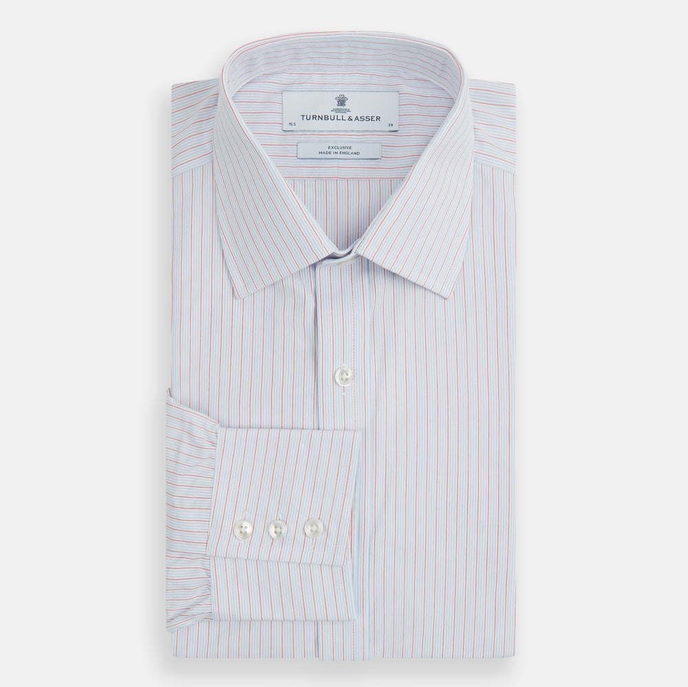 Red Multi Pinstripe Mayfair Shirt by Turnbull & Asser, featuring colorful vertical pinstripes and a classic T&A collar, crafted from soft organic cotton, shown laid flat on a white background.