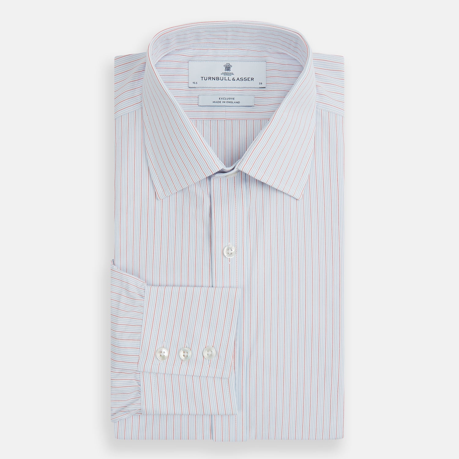 View 4 of product Red Multi Pinstripe Mayfair Shirt by Turnbull & Asser, featuring colorful vertical pinstripes and a classic T&A collar, crafted from soft organic cotton, shown laid flat on a white background.