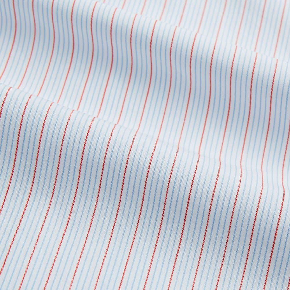 Red Multi Pinstripe Mayfair Shirt by Turnbull & Asser, featuring colorful vertical pinstripes and a classic T&A collar, crafted from soft organic cotton, shown laid flat on a white background.