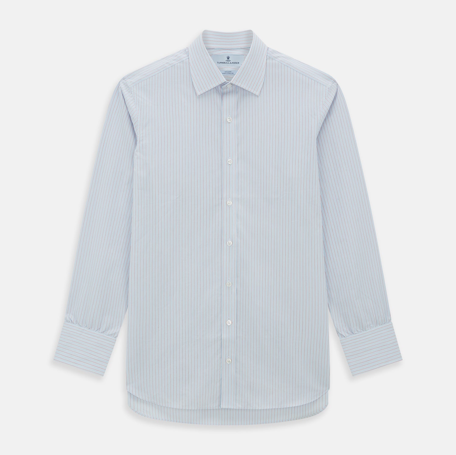 View 1 of product Red Multi Pinstripe Mayfair Shirt by Turnbull & Asser, featuring colorful vertical pinstripes and a classic T&A collar, crafted from soft organic cotton, shown laid flat on a white background.
