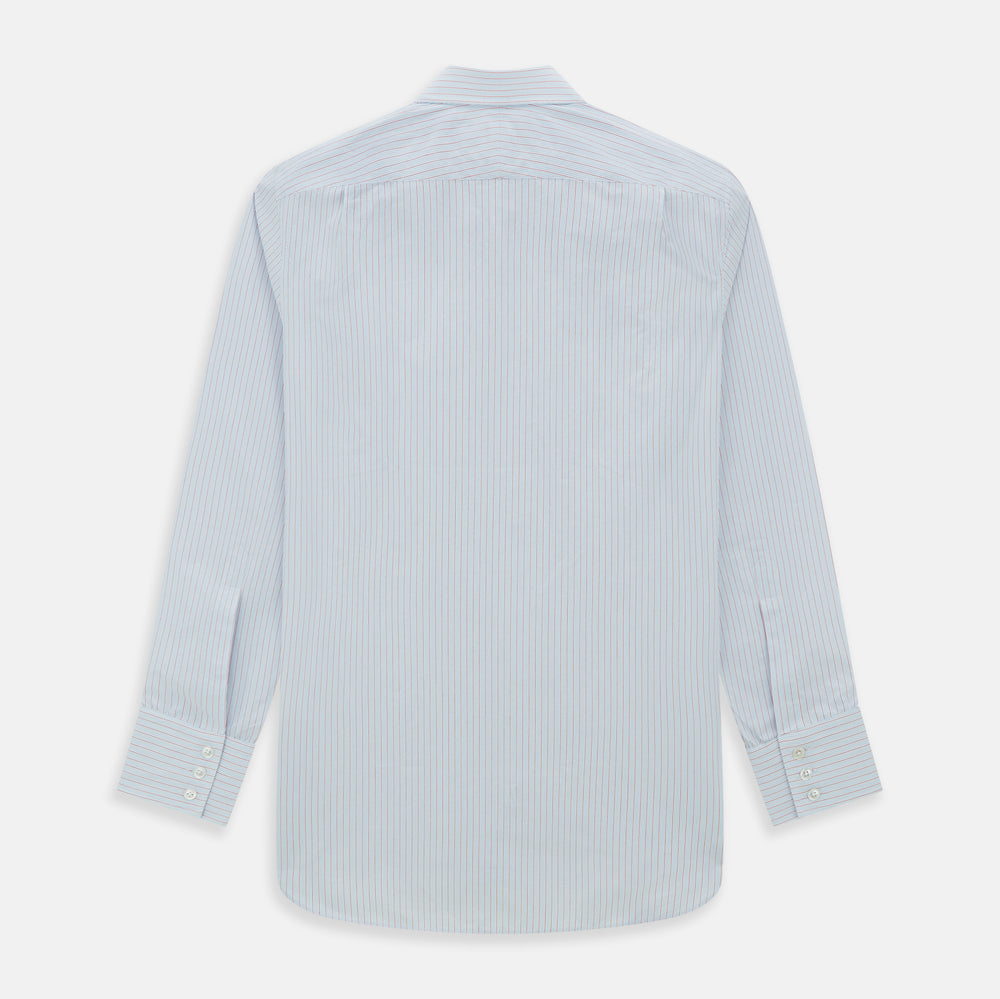 Red Multi Pinstripe Mayfair Shirt by Turnbull & Asser, featuring colorful vertical pinstripes and a classic T&A collar, crafted from soft organic cotton, shown laid flat on a white background.