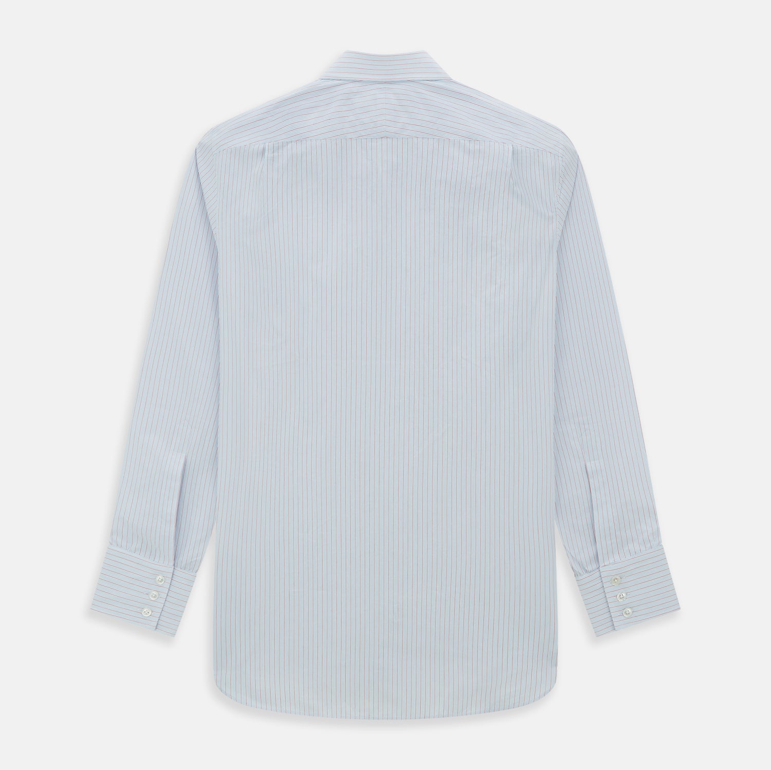 View 6 of product Red Multi Pinstripe Mayfair Shirt by Turnbull & Asser, featuring colorful vertical pinstripes and a classic T&A collar, crafted from soft organic cotton, shown laid flat on a white background.