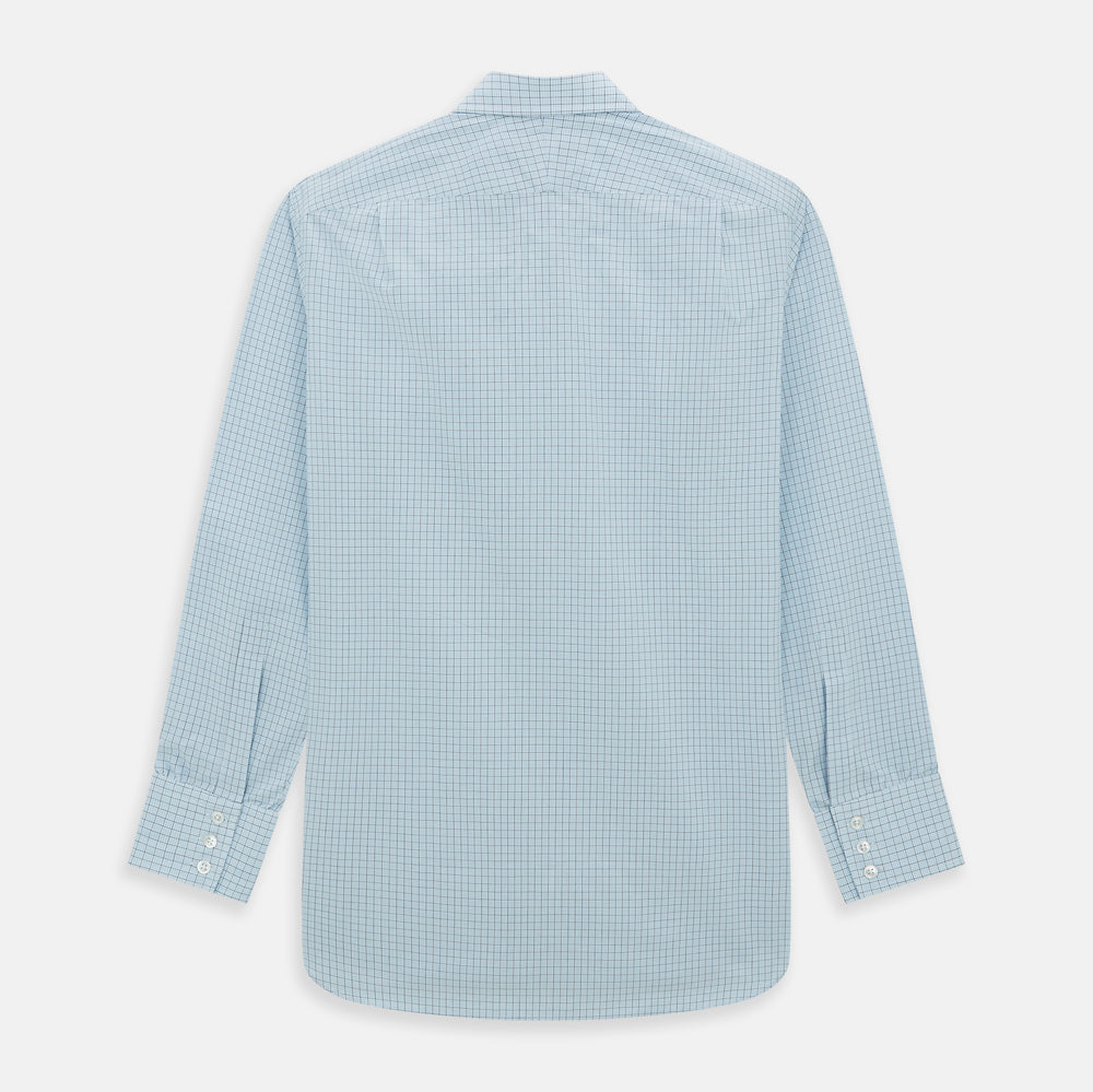The Blue Multi Graph Check Mayfair Shirt by Turnbull & Asser features long sleeves, a classic T&A collar, chest pocket, and is crafted from breathable cotton, shown on a white background.