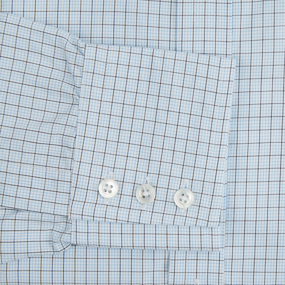 The Blue Multi Graph Check Mayfair Shirt by Turnbull & Asser features long sleeves, a classic T&A collar, chest pocket, and is crafted from breathable cotton, shown on a white background.