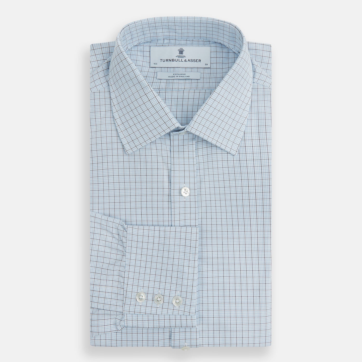 View 4 of product The Blue Multi Graph Check Mayfair Shirt by Turnbull & Asser features long sleeves, a classic T&A collar, chest pocket, and is crafted from breathable cotton, shown on a white background.
