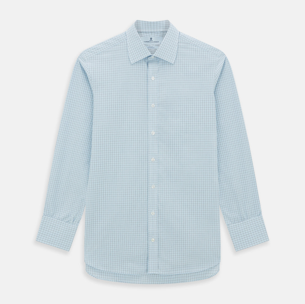 The Blue Multi Graph Check Mayfair Shirt by Turnbull & Asser features long sleeves, a classic T&A collar, chest pocket, and is crafted from breathable cotton, shown on a white background.