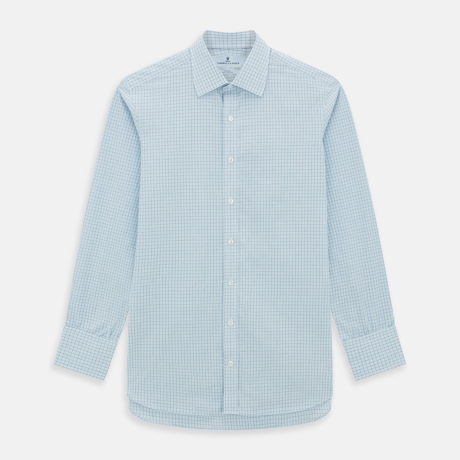 View 1 of product The Blue Multi Graph Check Mayfair Shirt by Turnbull & Asser features long sleeves, a classic T&A collar, chest pocket, and is crafted from breathable cotton, shown on a white background.