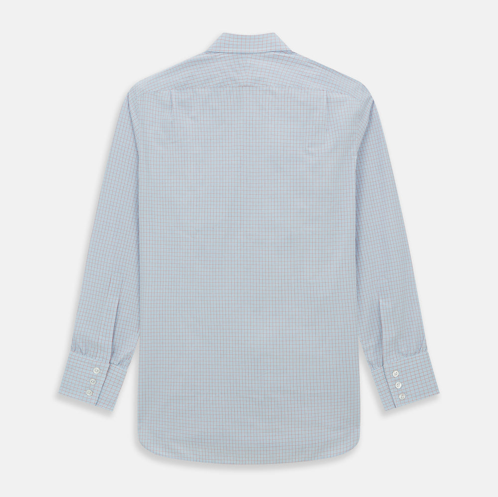 Red multi graph check long-sleeve Mayfair shirt by Turnbull & Asser, featuring a pointed collar and buttoned cuffs, crafted from breathable cotton and laid flat against a white background.