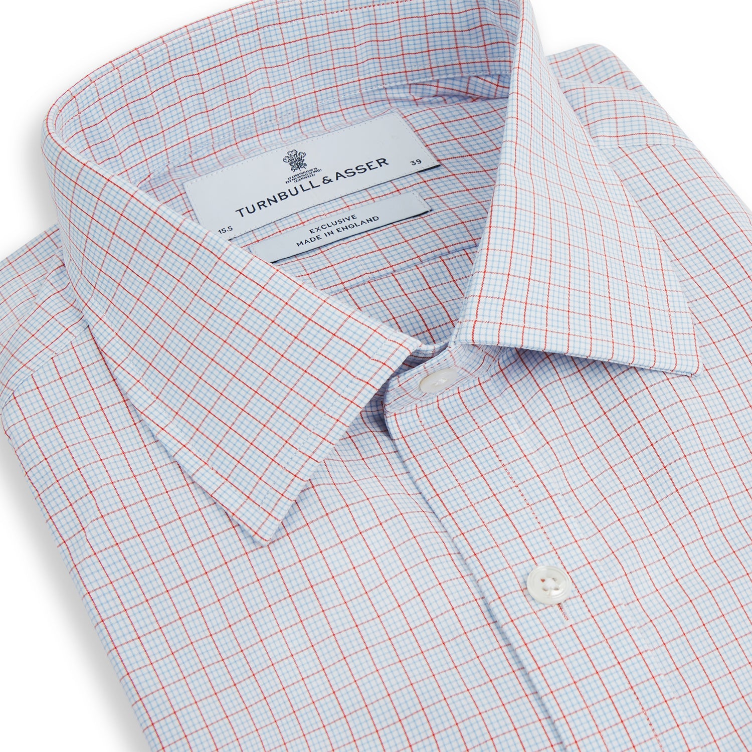 View 2 of product Red multi graph check long-sleeve Mayfair shirt by Turnbull & Asser, featuring a pointed collar and buttoned cuffs, crafted from breathable cotton and laid flat against a white background.