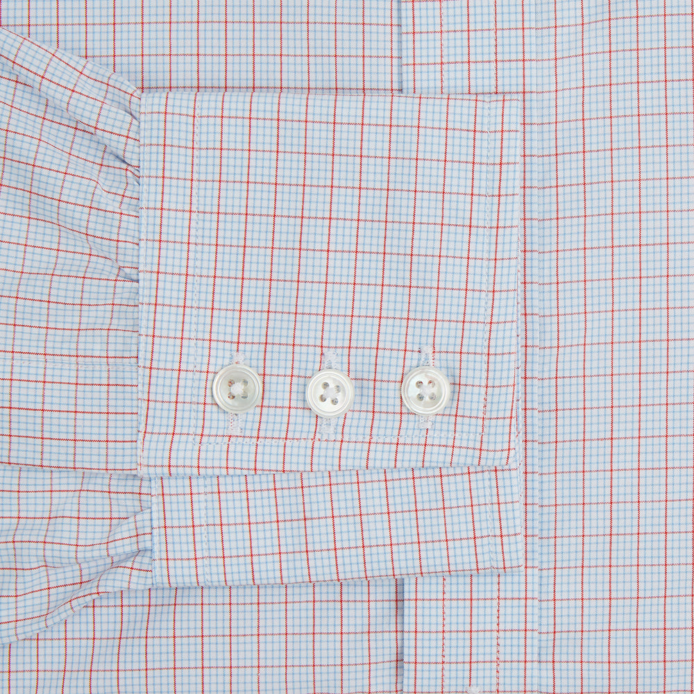 Red multi graph check long-sleeve Mayfair shirt by Turnbull & Asser, featuring a pointed collar and buttoned cuffs, crafted from breathable cotton and laid flat against a white background.