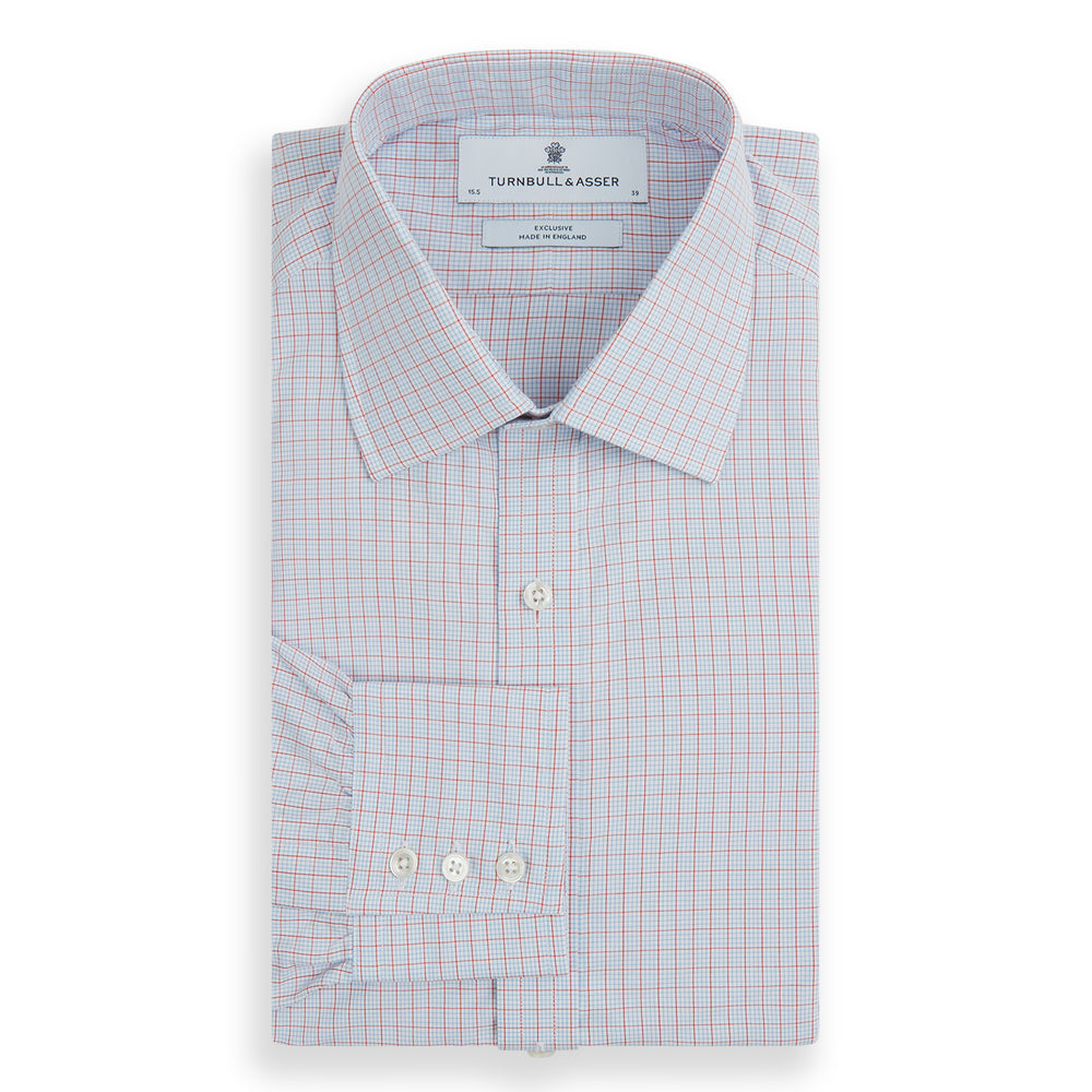 Red multi graph check long-sleeve Mayfair shirt by Turnbull & Asser, featuring a pointed collar and buttoned cuffs, crafted from breathable cotton and laid flat against a white background.