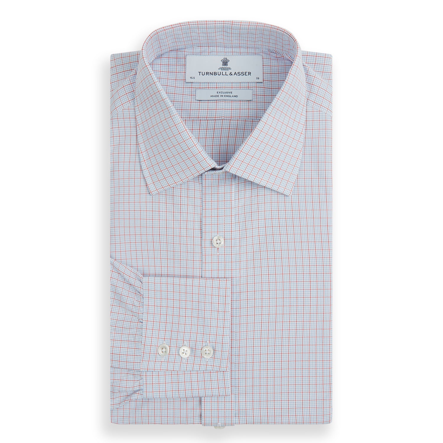 View 4 of product Red multi graph check long-sleeve Mayfair shirt by Turnbull & Asser, featuring a pointed collar and buttoned cuffs, crafted from breathable cotton and laid flat against a white background.