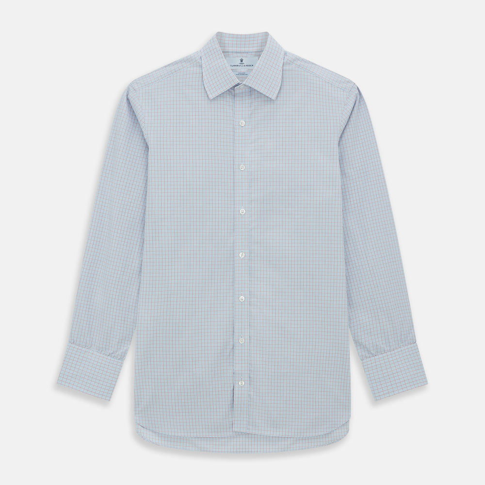 Red multi graph check long-sleeve Mayfair shirt by Turnbull & Asser, featuring a pointed collar and buttoned cuffs, crafted from breathable cotton and laid flat against a white background.