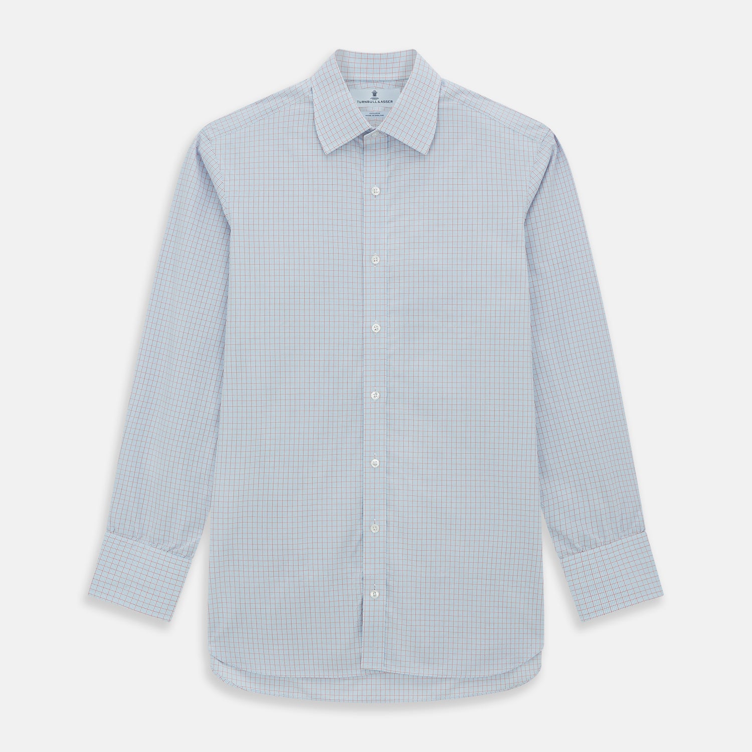 View 1 of product Red multi graph check long-sleeve Mayfair shirt by Turnbull & Asser, featuring a pointed collar and buttoned cuffs, crafted from breathable cotton and laid flat against a white background.