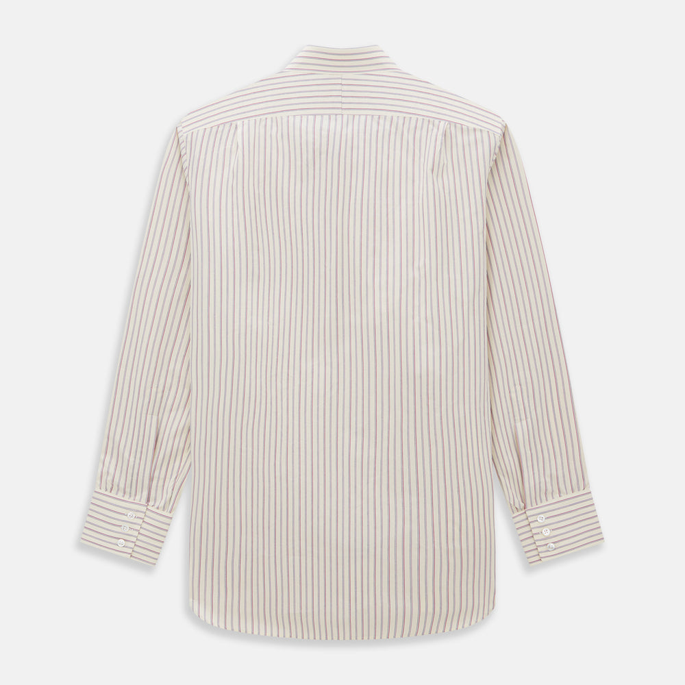 The Turnbull & Asser Pink Double Stripe Mayfair Shirt features long sleeves, a pointed T&A collar, and buttoned cuffs, crafted from organic cotton with pink double stripes on white, shown laid flat against a light background.