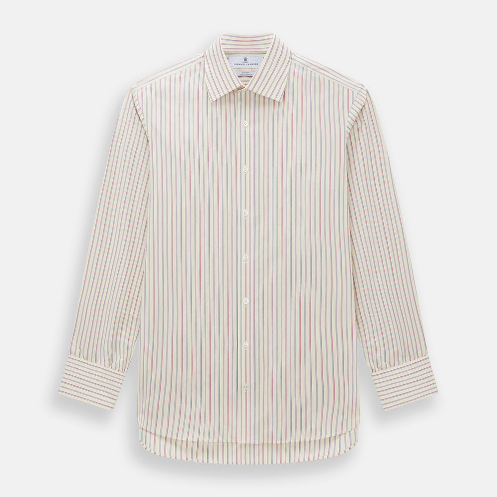 The Turnbull & Asser Pink Double Stripe Mayfair Shirt features long sleeves, a pointed T&A collar, and buttoned cuffs, crafted from organic cotton with pink double stripes on white, shown laid flat against a light background.