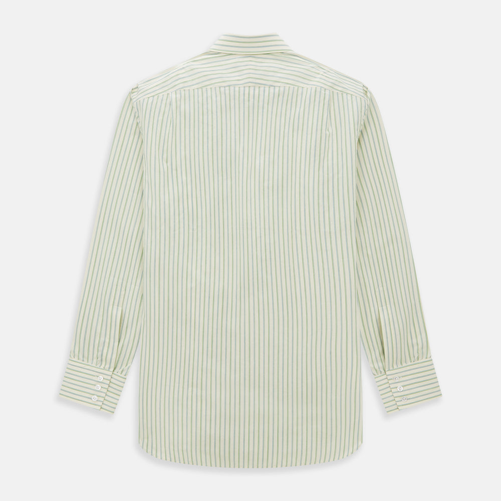 The Green Double Stripe Mayfair Shirt by Turnbull & Asser features light green and white vertical stripes, long sleeves, a T&A collar, and buttoned cuffs. Made from organic cotton and shown laid flat on a white background.
