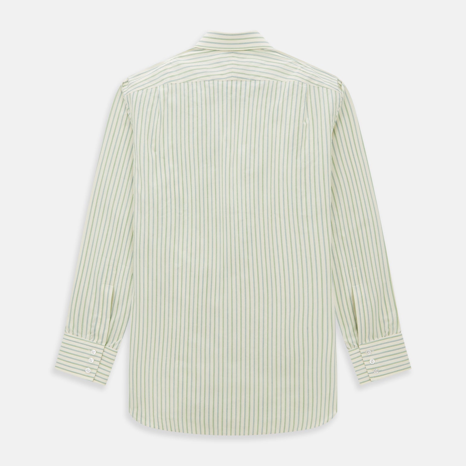 View 5 of product The Green Double Stripe Mayfair Shirt by Turnbull & Asser features light green and white vertical stripes, long sleeves, a T&A collar, and buttoned cuffs. Made from organic cotton and shown laid flat on a white background.