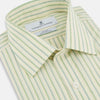 View 2 of product The Green Double Stripe Mayfair Shirt by Turnbull & Asser features light green and white vertical stripes, long sleeves, a T&A collar, and buttoned cuffs. Made from organic cotton and shown laid flat on a white background.
