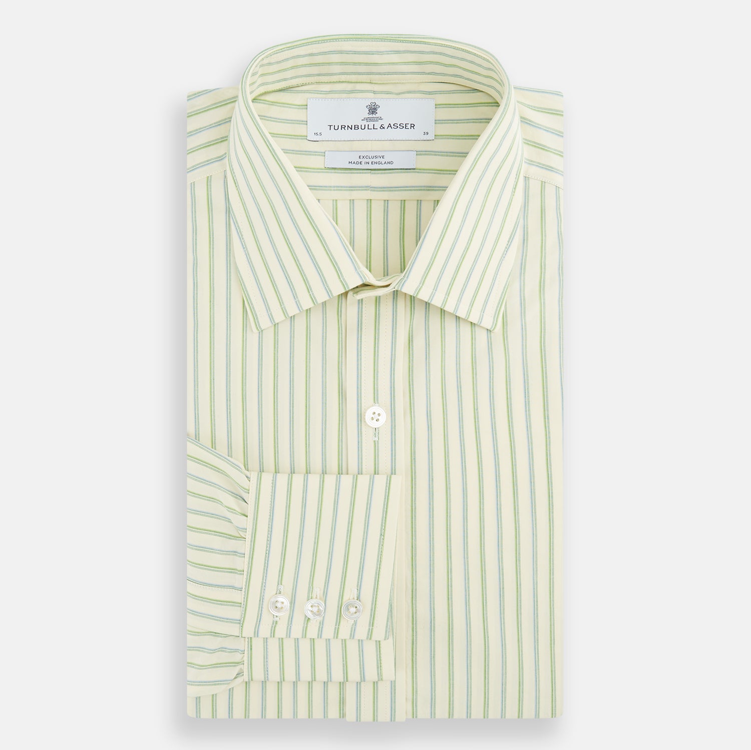 View 4 of product The Green Double Stripe Mayfair Shirt by Turnbull & Asser features light green and white vertical stripes, long sleeves, a T&A collar, and buttoned cuffs. Made from organic cotton and shown laid flat on a white background.
