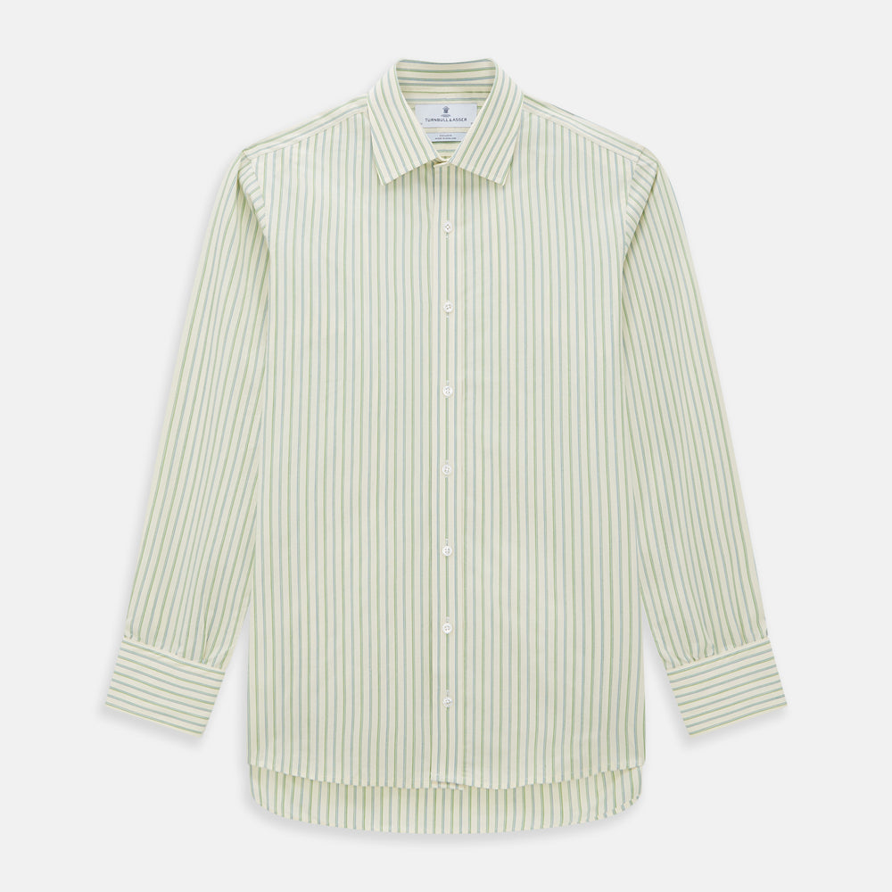 The Green Double Stripe Mayfair Shirt by Turnbull & Asser features light green and white vertical stripes, long sleeves, a T&A collar, and buttoned cuffs. Made from organic cotton and shown laid flat on a white background.