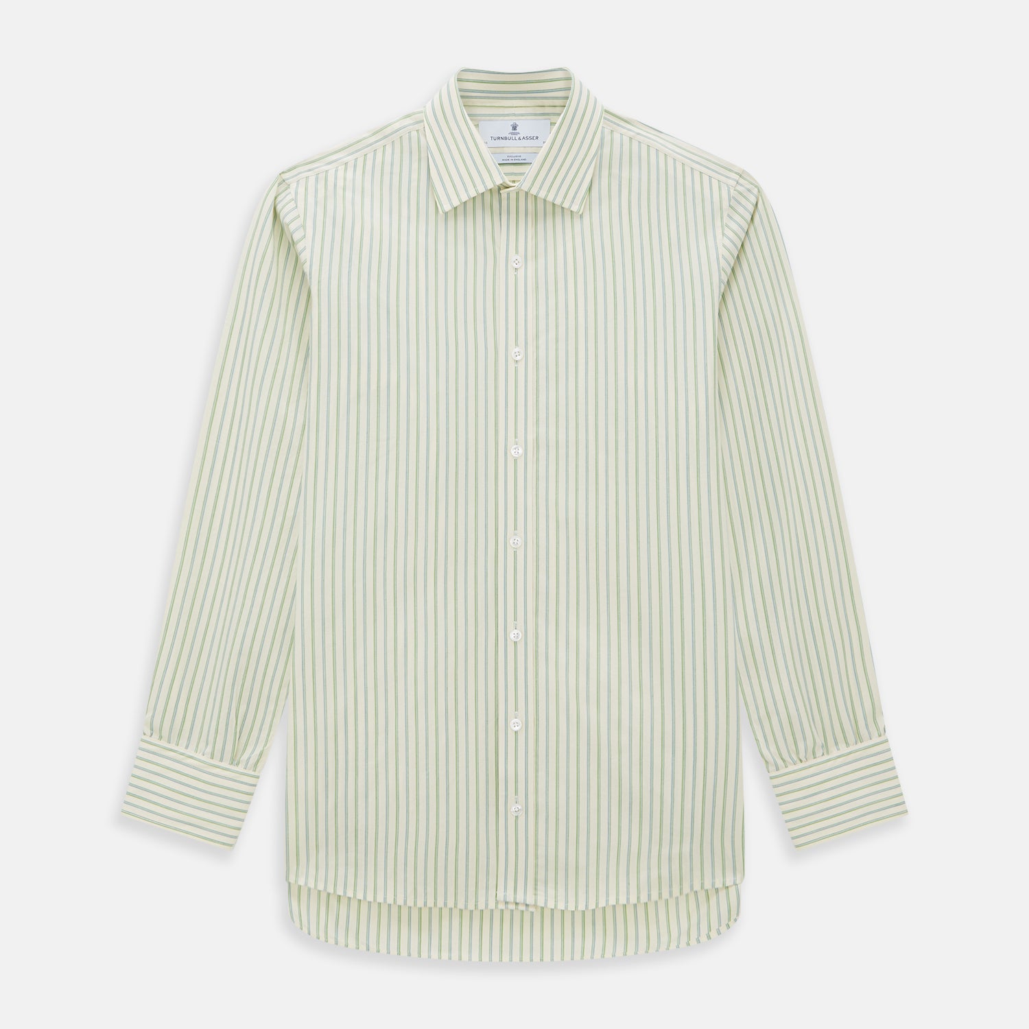 View 1 of product The Green Double Stripe Mayfair Shirt by Turnbull & Asser features light green and white vertical stripes, long sleeves, a T&A collar, and buttoned cuffs. Made from organic cotton and shown laid flat on a white background.