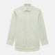 The Green Double Stripe Mayfair Shirt by Turnbull & Asser features light green and white vertical stripes, long sleeves, a T&A collar, and buttoned cuffs. Made from organic cotton and shown laid flat on a white background.