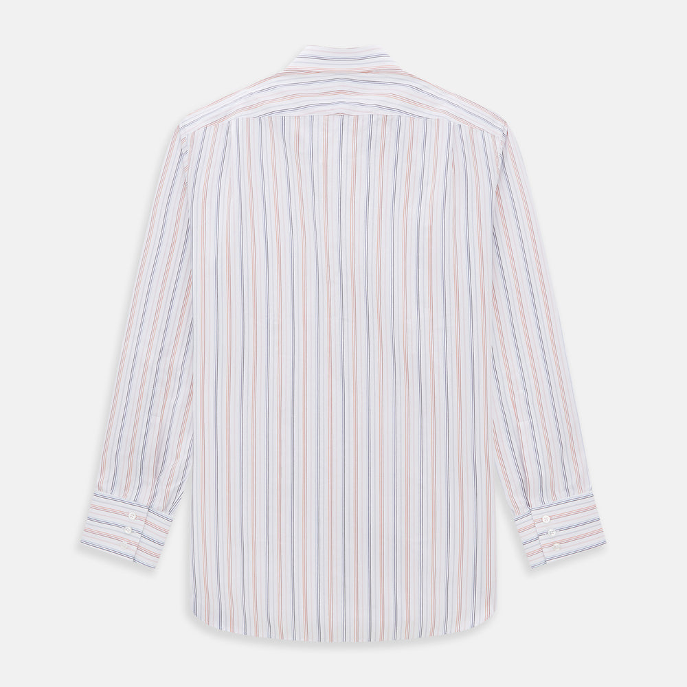 The Turnbull & Asser Orange and Blue Multi Stripe Mayfair Shirt is a long-sleeved, collared button-up made from organic cotton and features vibrant vertical stripes—an ideal summer staple.
