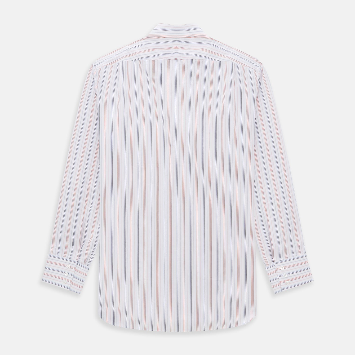 View 5 of product The Turnbull & Asser Orange and Blue Multi Stripe Mayfair Shirt is a long-sleeved, collared button-up made from organic cotton and features vibrant vertical stripes—an ideal summer staple.
