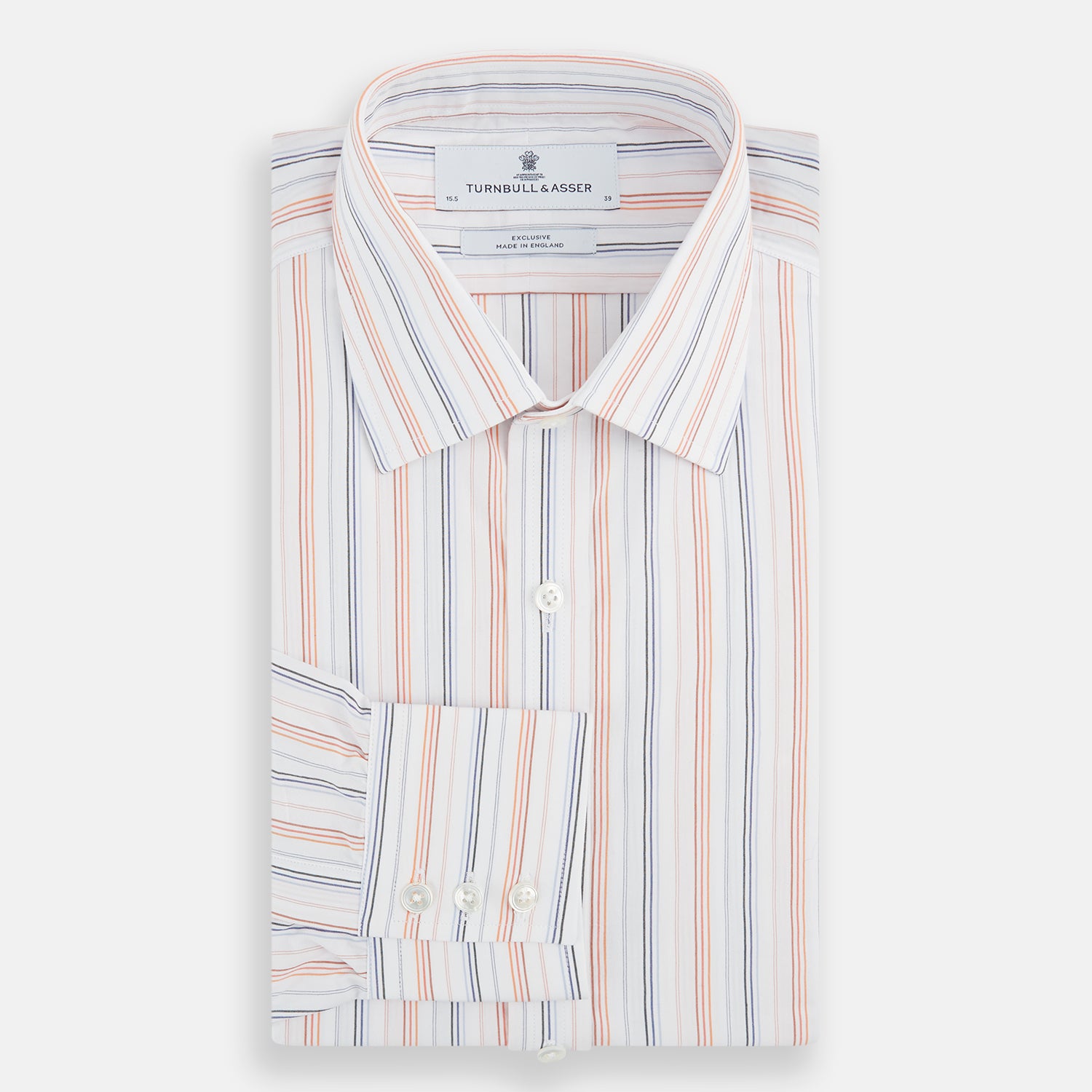 View 4 of product The Turnbull & Asser Orange and Blue Multi Stripe Mayfair Shirt is a long-sleeved, collared button-up made from organic cotton and features vibrant vertical stripes—an ideal summer staple.