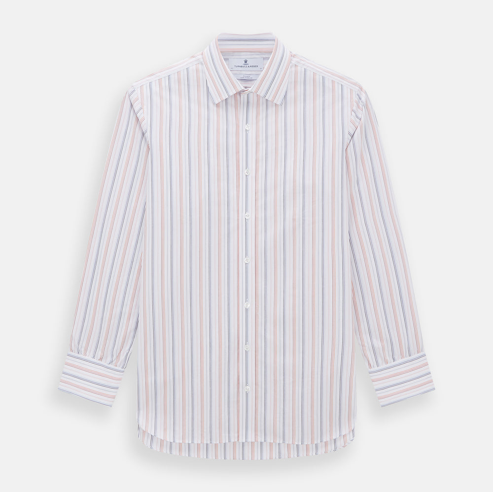 The Turnbull & Asser Orange and Blue Multi Stripe Mayfair Shirt is a long-sleeved, collared button-up made from organic cotton and features vibrant vertical stripes—an ideal summer staple.