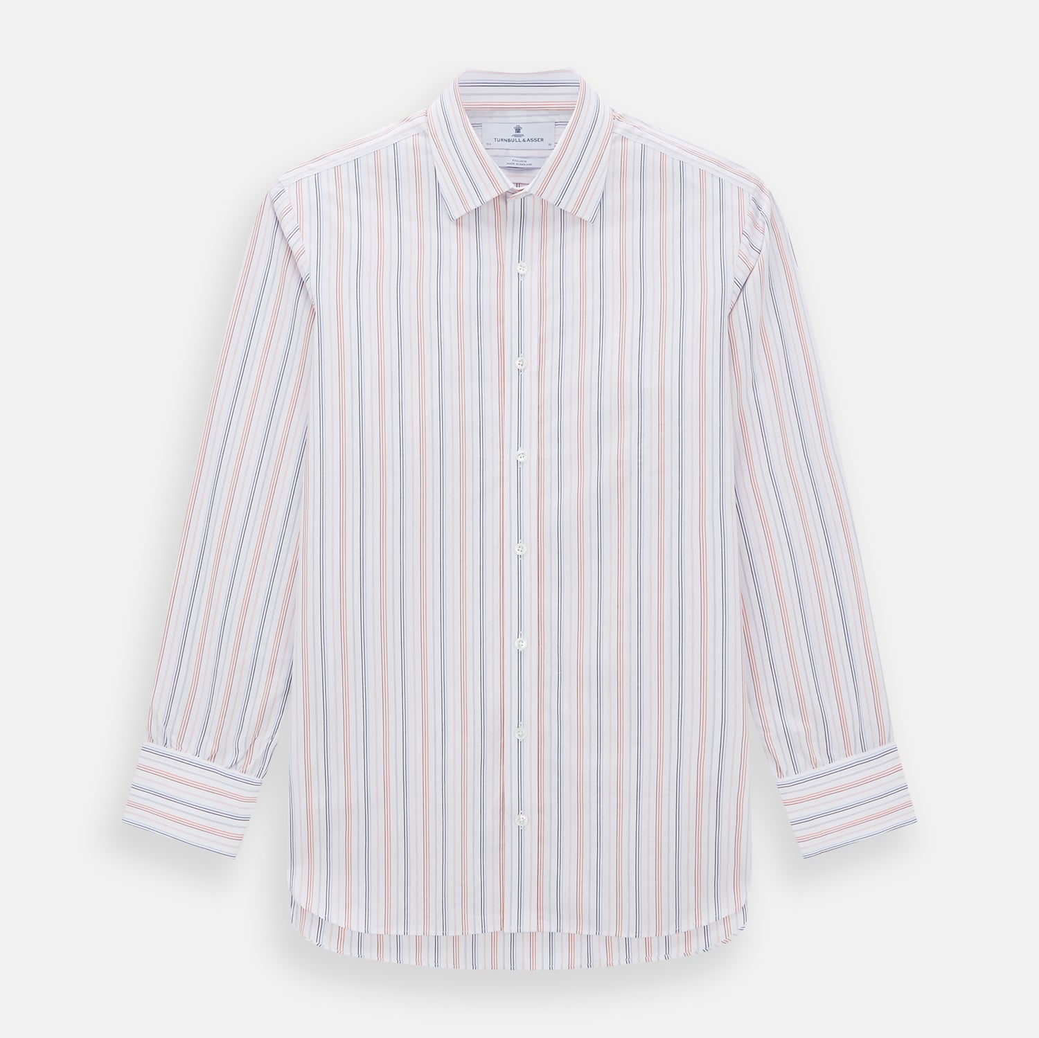 View 1 of product The Turnbull & Asser Orange and Blue Multi Stripe Mayfair Shirt is a long-sleeved, collared button-up made from organic cotton and features vibrant vertical stripes—an ideal summer staple.