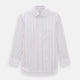 The Turnbull & Asser Orange and Blue Multi Stripe Mayfair Shirt is a long-sleeved, collared button-up made from organic cotton and features vibrant vertical stripes—an ideal summer staple.