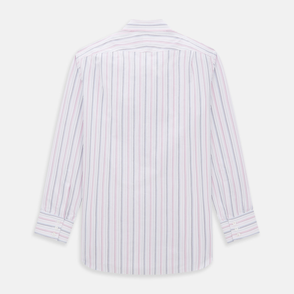 The Pink and Blue Multi Stripe Mayfair Shirt by Turnbull & Asser features vertical pastel stripes, a T&A collar, and buttoned cuffs. Made from organic cotton, the long-sleeve shirt is shown on a plain white background.