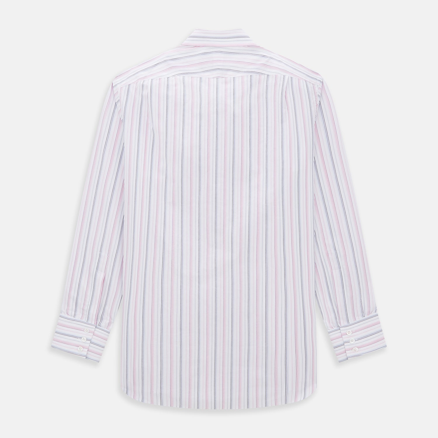View 5 of product The Pink and Blue Multi Stripe Mayfair Shirt by Turnbull & Asser features vertical pastel stripes, a T&A collar, and buttoned cuffs. Made from organic cotton, the long-sleeve shirt is shown on a plain white background.