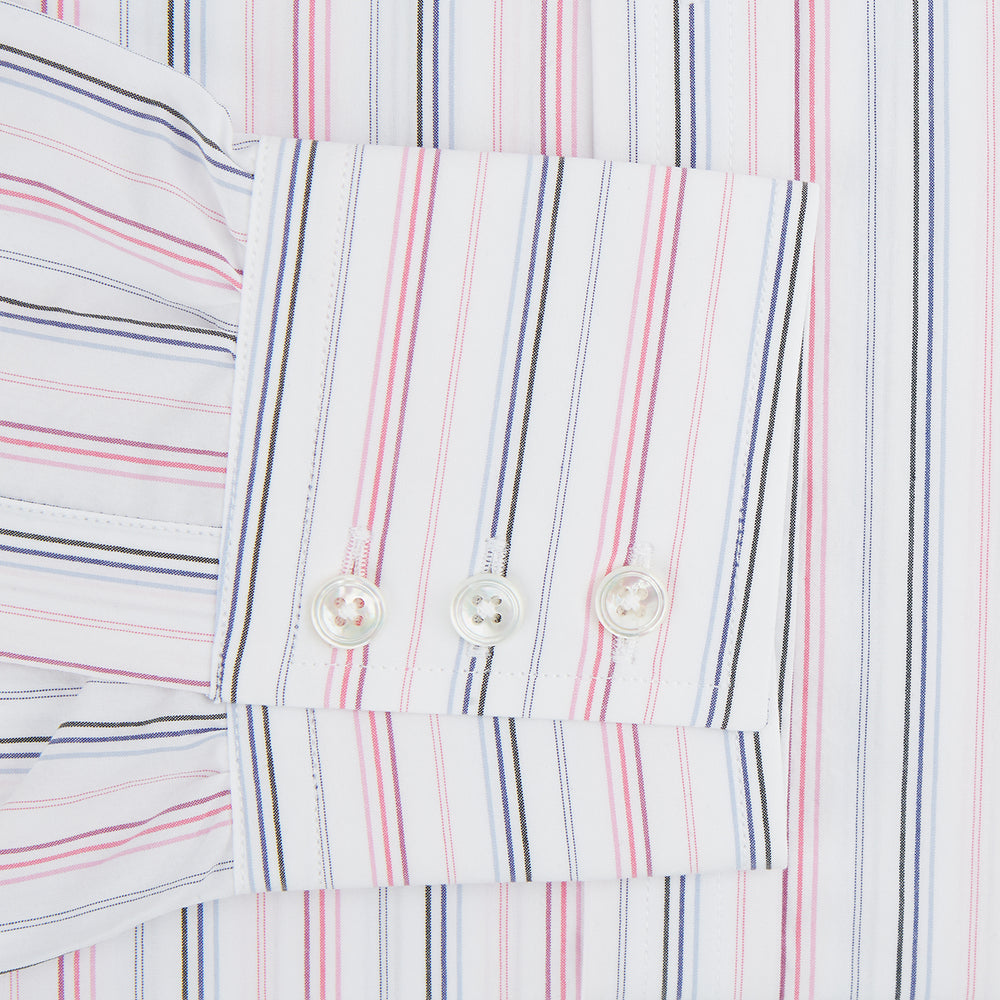The Pink and Blue Multi Stripe Mayfair Shirt by Turnbull & Asser features vertical pastel stripes, a T&A collar, and buttoned cuffs. Made from organic cotton, the long-sleeve shirt is shown on a plain white background.