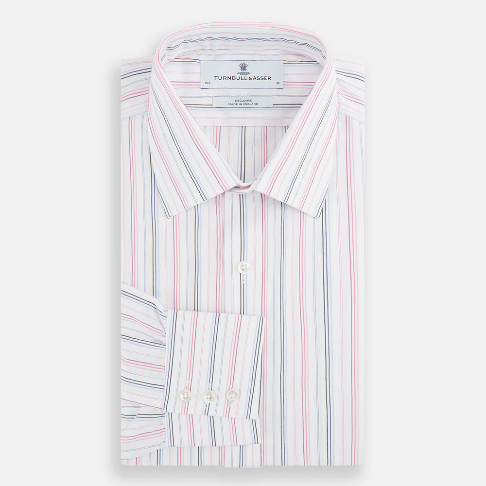 The Pink and Blue Multi Stripe Mayfair Shirt by Turnbull & Asser features vertical pastel stripes, a T&A collar, and buttoned cuffs. Made from organic cotton, the long-sleeve shirt is shown on a plain white background.