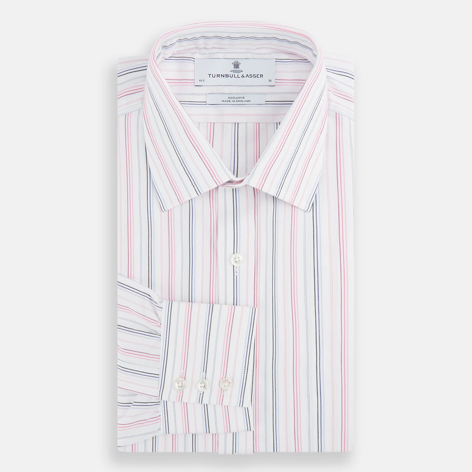 View 4 of product The Pink and Blue Multi Stripe Mayfair Shirt by Turnbull & Asser features vertical pastel stripes, a T&A collar, and buttoned cuffs. Made from organic cotton, the long-sleeve shirt is shown on a plain white background.