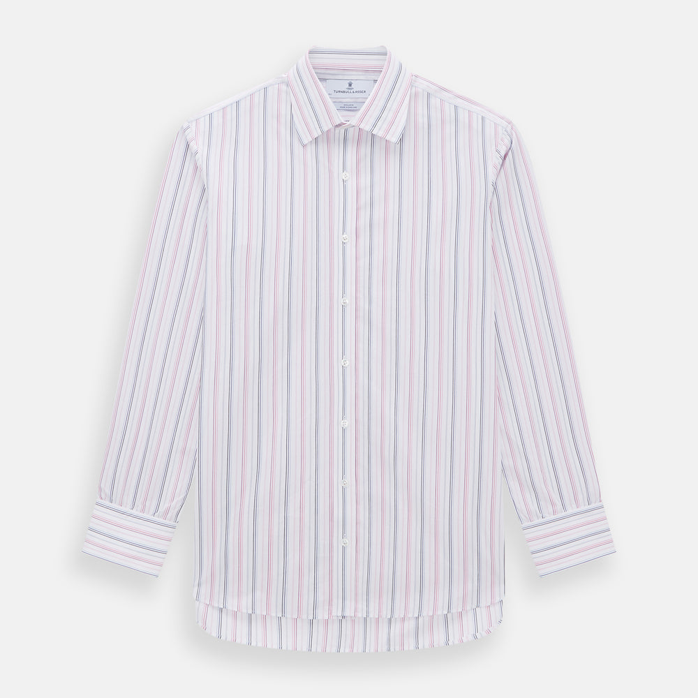 The Pink and Blue Multi Stripe Mayfair Shirt by Turnbull & Asser features vertical pastel stripes, a T&A collar, and buttoned cuffs. Made from organic cotton, the long-sleeve shirt is shown on a plain white background.