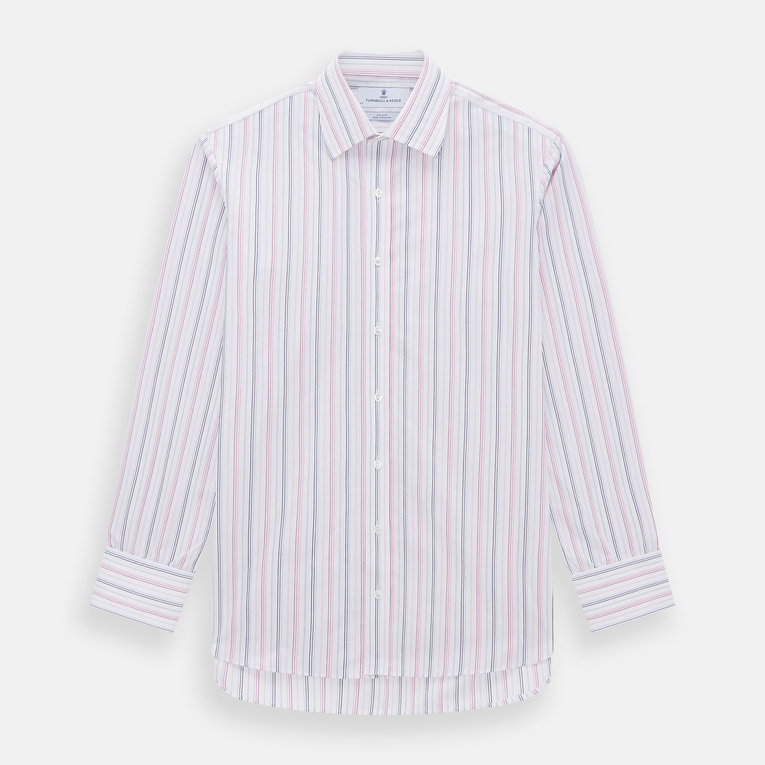 View 1 of product The Pink and Blue Multi Stripe Mayfair Shirt by Turnbull & Asser features vertical pastel stripes, a T&A collar, and buttoned cuffs. Made from organic cotton, the long-sleeve shirt is shown on a plain white background.
